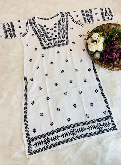 Noor-e-Monochrome | White Rayon Chikankari Kurti & Lycra Pant Set with Black Threadwork