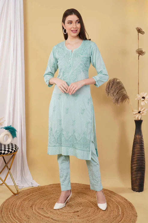 Cotton Dyed Chikankari Co-Ord Straight Kurta Wth Lycra Stretchable Trouser