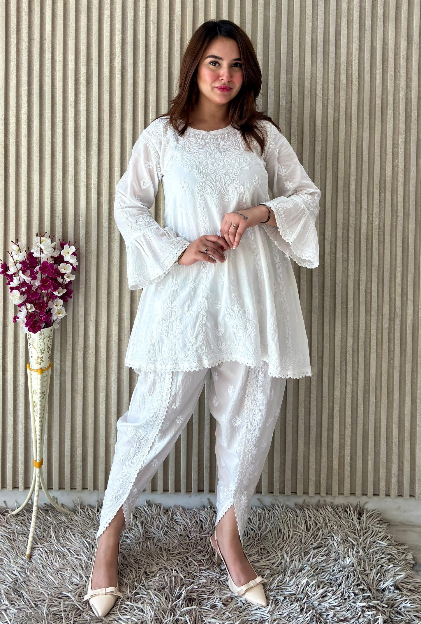 Pure White Crystal Chikankari Kurti-Dhoti Set with Dupatta | Luxe Handcrafted Elegance