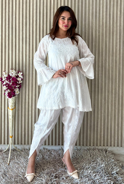 Pure White Crystal Chikankari Kurti-Dhoti Set with Dupatta | Luxe Handcrafted Elegance