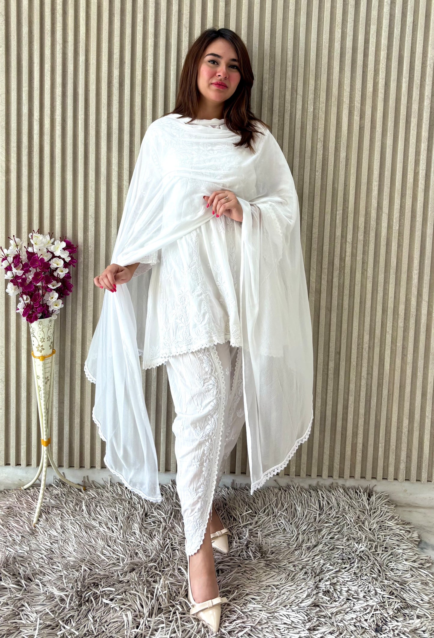 Pure White Crystal Chikankari Kurti-Dhoti Set with Dupatta | Luxe Handcrafted Elegance