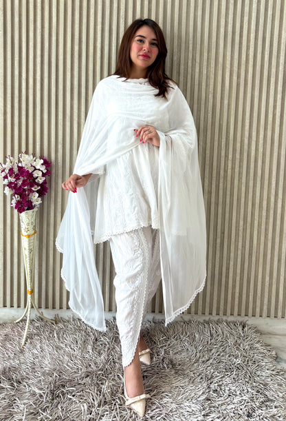 Pure White Crystal Chikankari Kurti-Dhoti Set with Dupatta | Luxe Handcrafted Elegance
