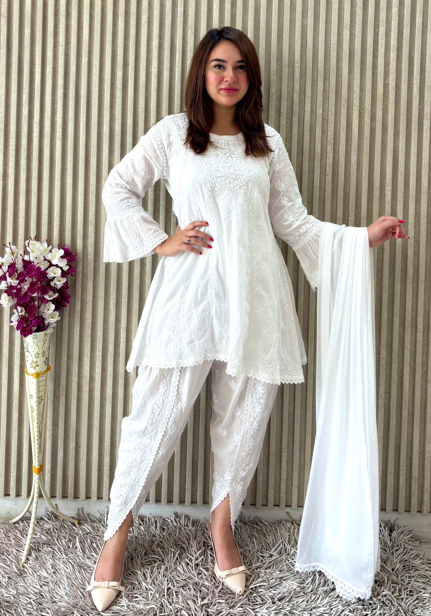 Pure White Crystal Chikankari Kurti-Dhoti Set with Dupatta | Luxe Handcrafted Elegance