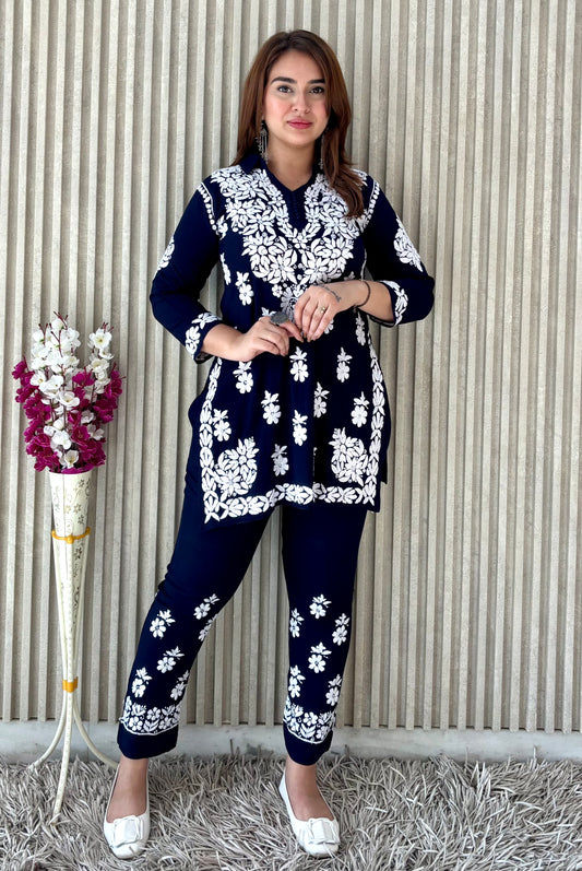 Rasha Chikankari Premium Modal Short Kurti & Pant Co Ord Set