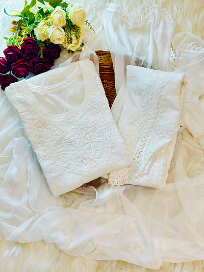 Pure White Crystal Chikankari Kurti-Dhoti Set with Dupatta | Luxe Handcrafted Elegance