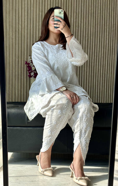 Pure White Crystal Chikankari Kurti-Dhoti Set with Dupatta | Luxe Handcrafted Elegance