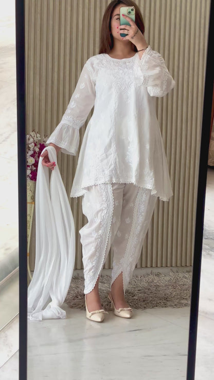 Pure White Crystal Chikankari Kurti-Dhoti Set with Dupatta | Luxe Handcrafted Elegance